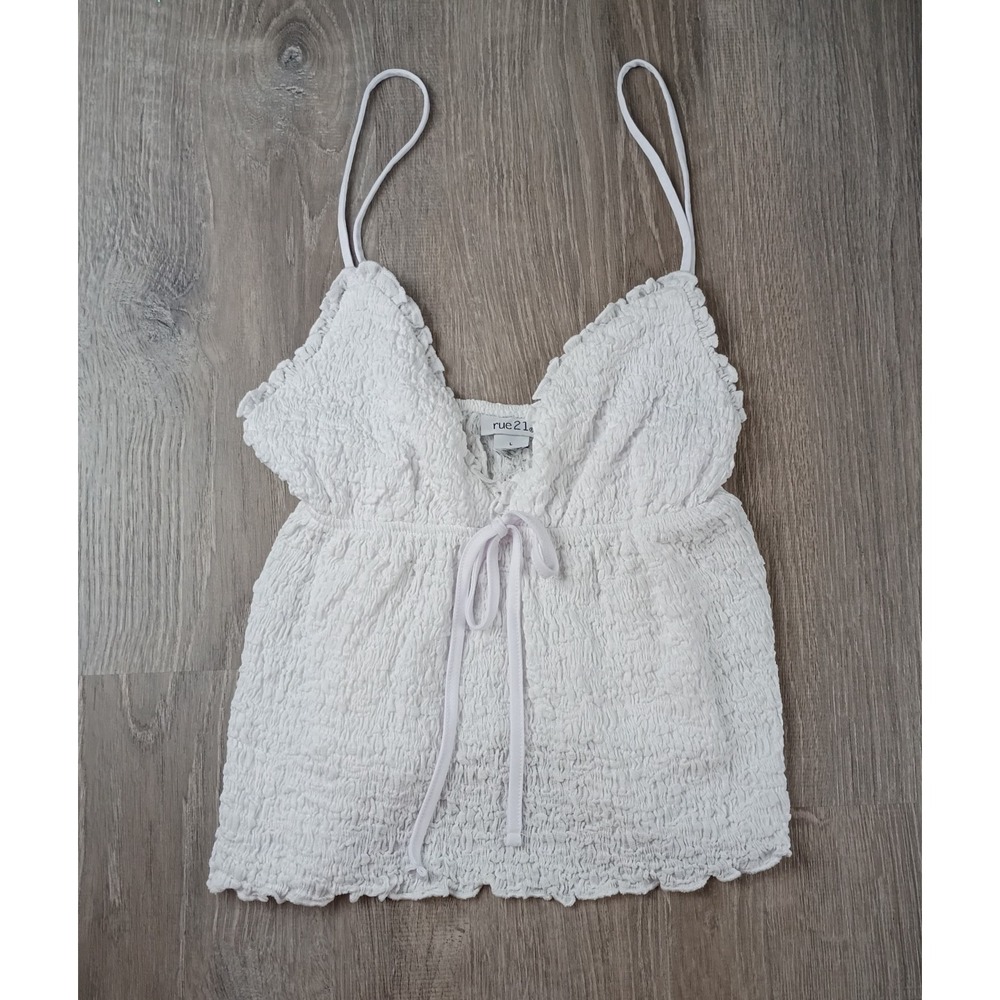 Rue21 White Smocked Babydoll Cami Top L Bow Y2K Coquette Fairycore